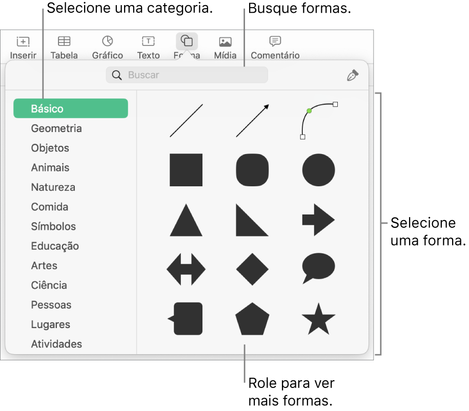 A biblioteca de formas, com categorias listadas à esquerda e formas exibidas à direita. Você pode utilizar o campo de busca na parte superior para encontrar formas e rolar para ver mais.