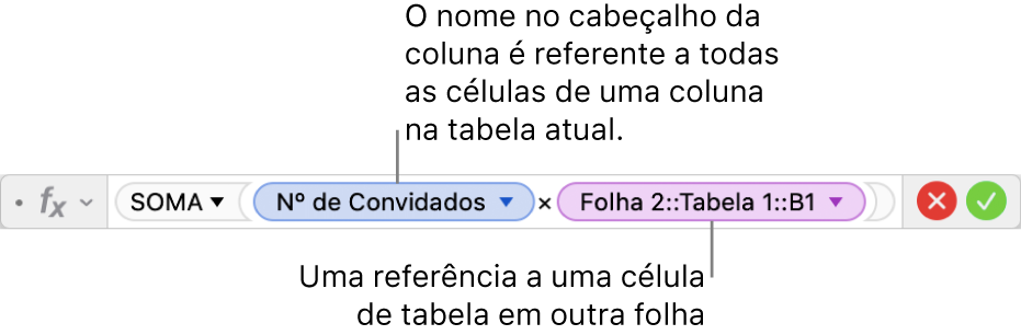 Editor de Fórmula mostrando uma fórmula referente a uma coluna de uma tabela e a uma célula de outra tabela.