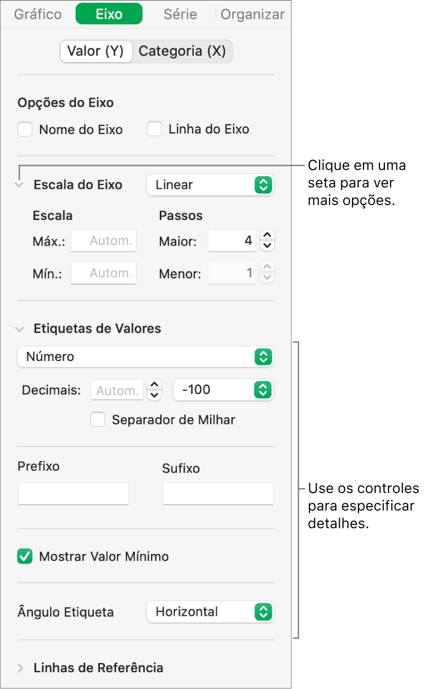 Controles para formatação de marcações de eixo do gráfico.