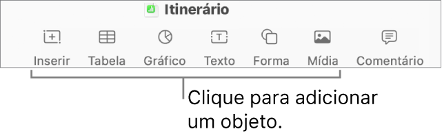 Janela do Numbers com chamadas para os botões de objeto na barra de ferramentas.