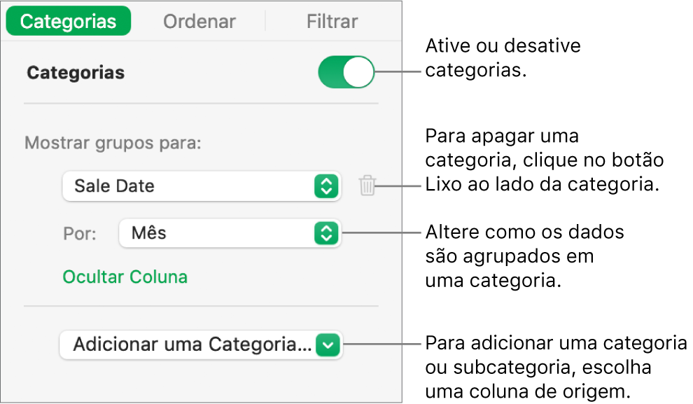 A barra lateral de categorias com opções para desativar categorias, excluir categorias, reagrupar dados, ocultar uma coluna de origem e adicionar categorias.