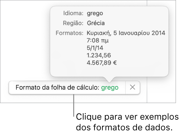 A notificação da definição diferente do idioma e região, apresentando exemplos da formatação nesse idioma e região.