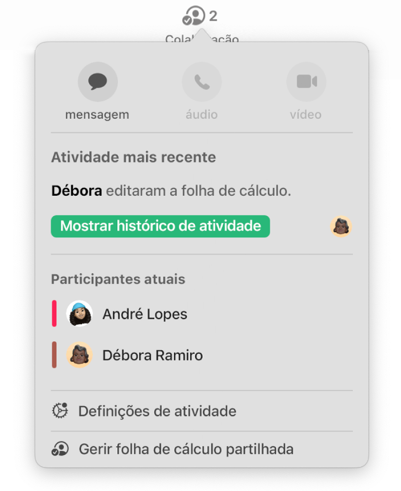 O menu de colaboração a apresentar os nomes das pessoas que estão a colaborar na folha de cálculo.