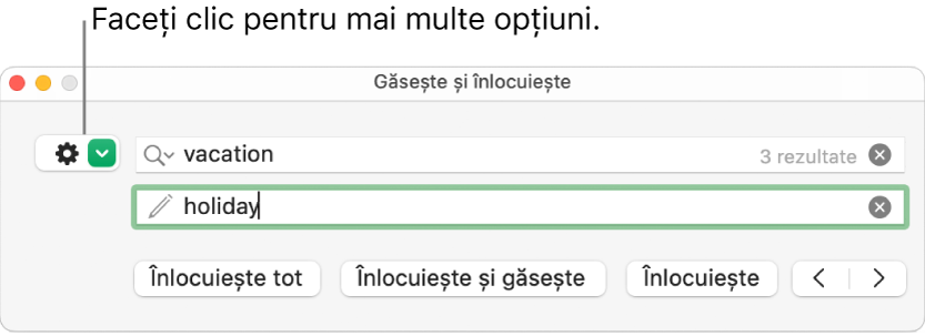 Fereastra Găsește și înlocuiește, cu explicație pentru butonul de afișare a mai multor opțiuni.