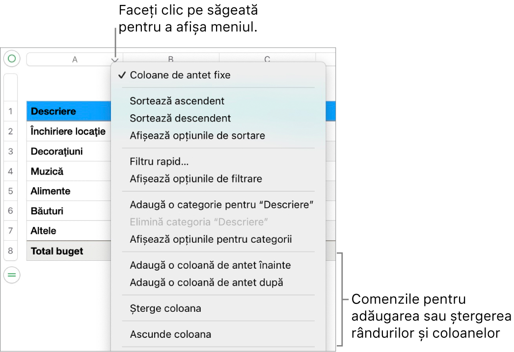 Meniul unei coloane de tabel incluzând comenzi pentru adăugarea sau ștergerea rândurilor și coloanelor.