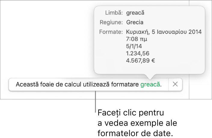 Notificarea privind configurarea limbii și regiunii diferite, afișând exemple de formatare în limba și regiunea respectivă.