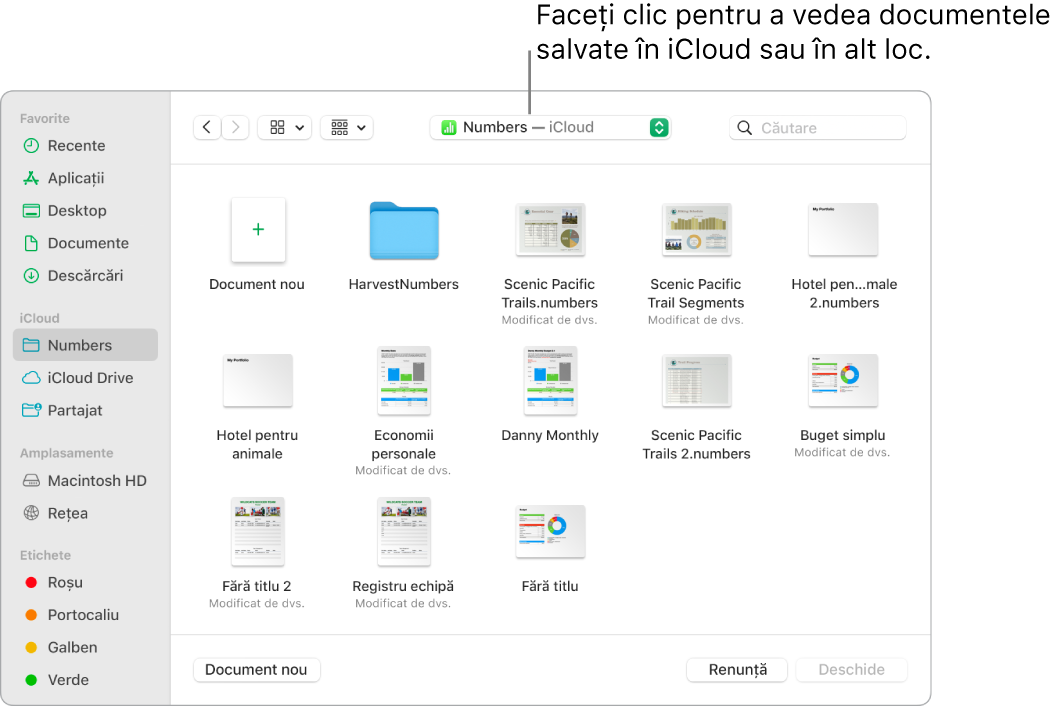 Dialogul Deschide cu bara laterală deschisă în stânga și iCloud Drive selectat în meniul pop-up din partea de sus. Dosarele pentru Keynote, Numbers și Pages apar în dialog împreună cu un buton Document nou.