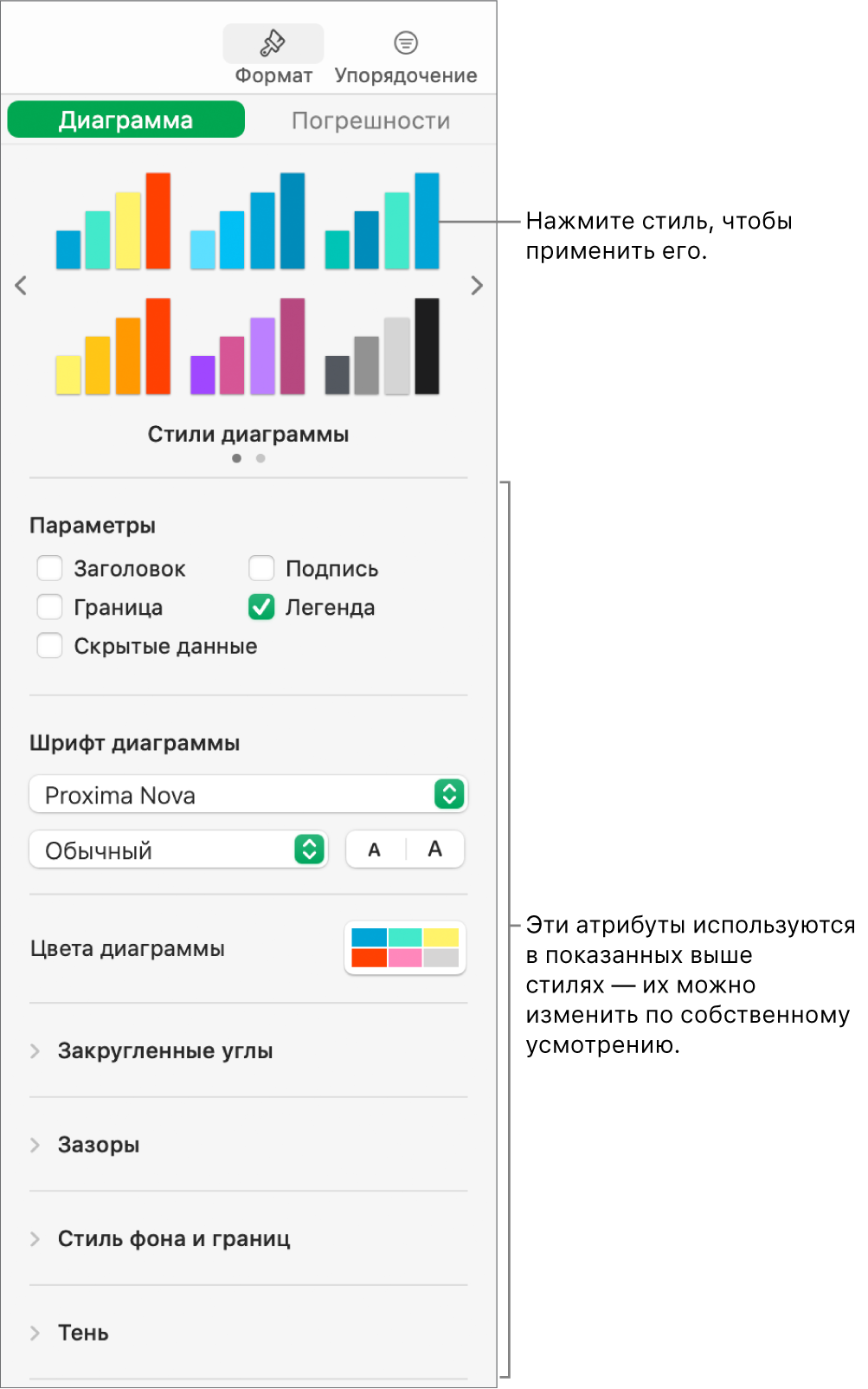 Боковая панель форматирования с элементами управления для форматирования диаграмм.