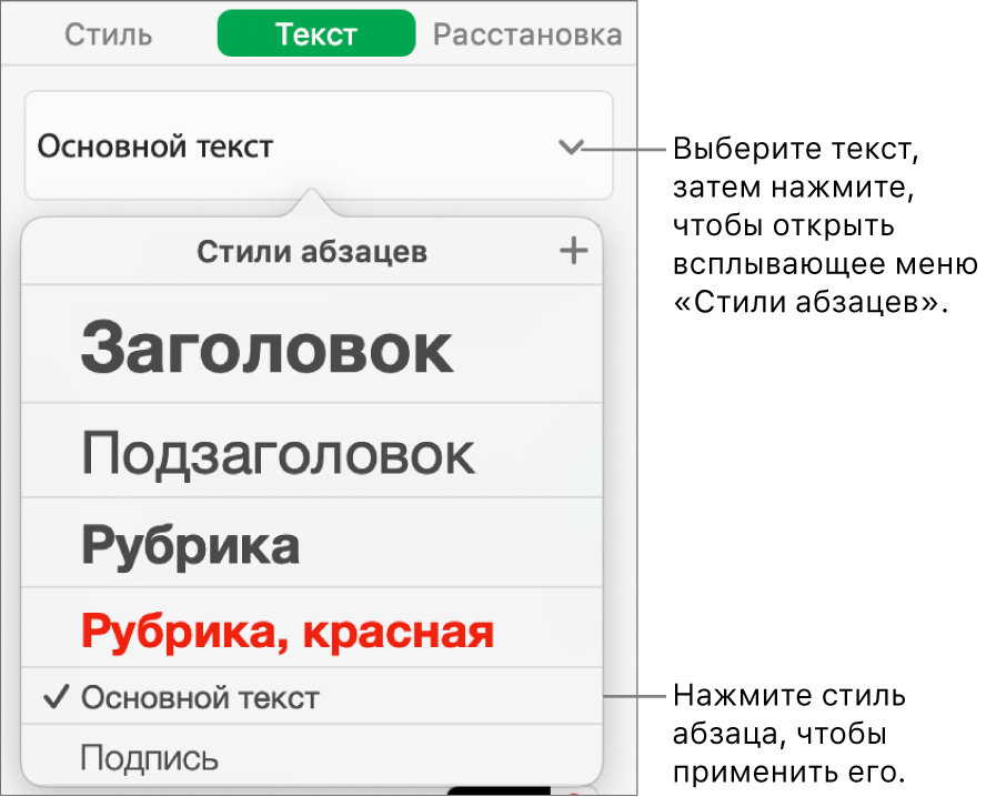 Меню «Стили абзацев» с выбранным стилем, у которого установлен флажок.