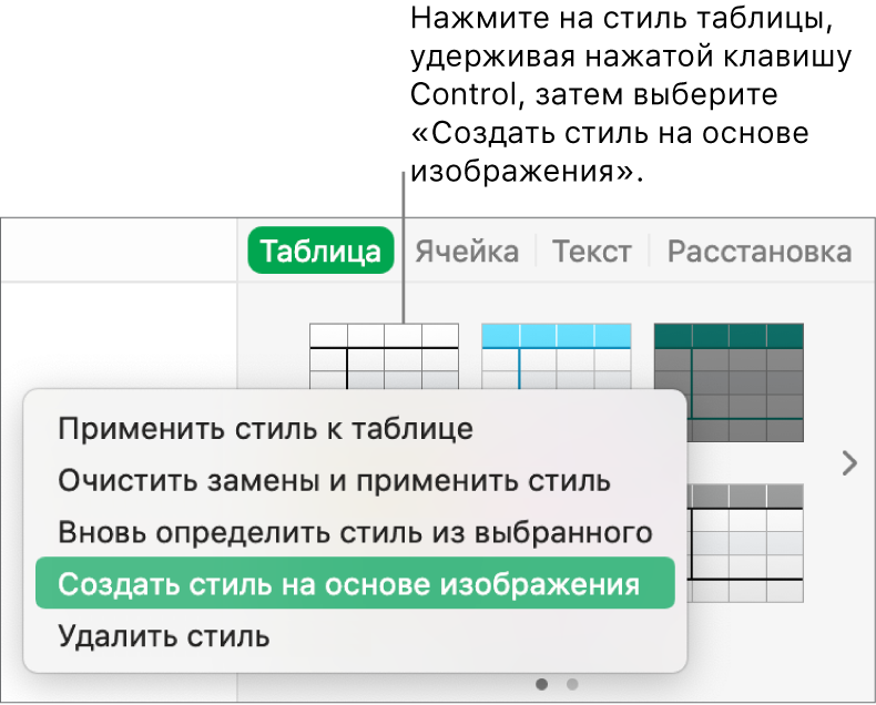 Контекстное меню стиля таблицы.