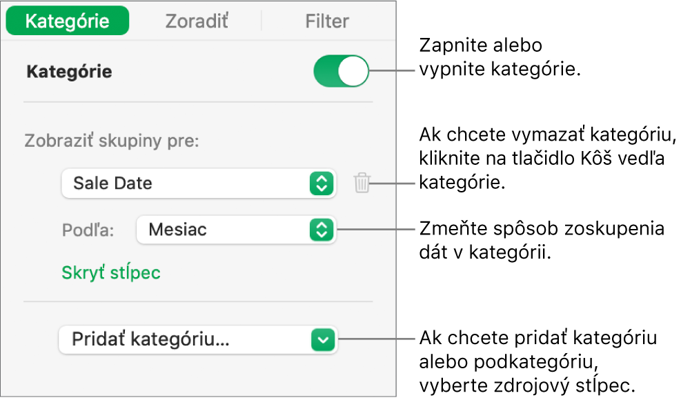 Postranný panel kategórií s možnosťami vypnutia kategórií, vymazania kategórií, zmeny zoskupenia dát, skrytia zdrojového stĺpca a pridania kategórií.