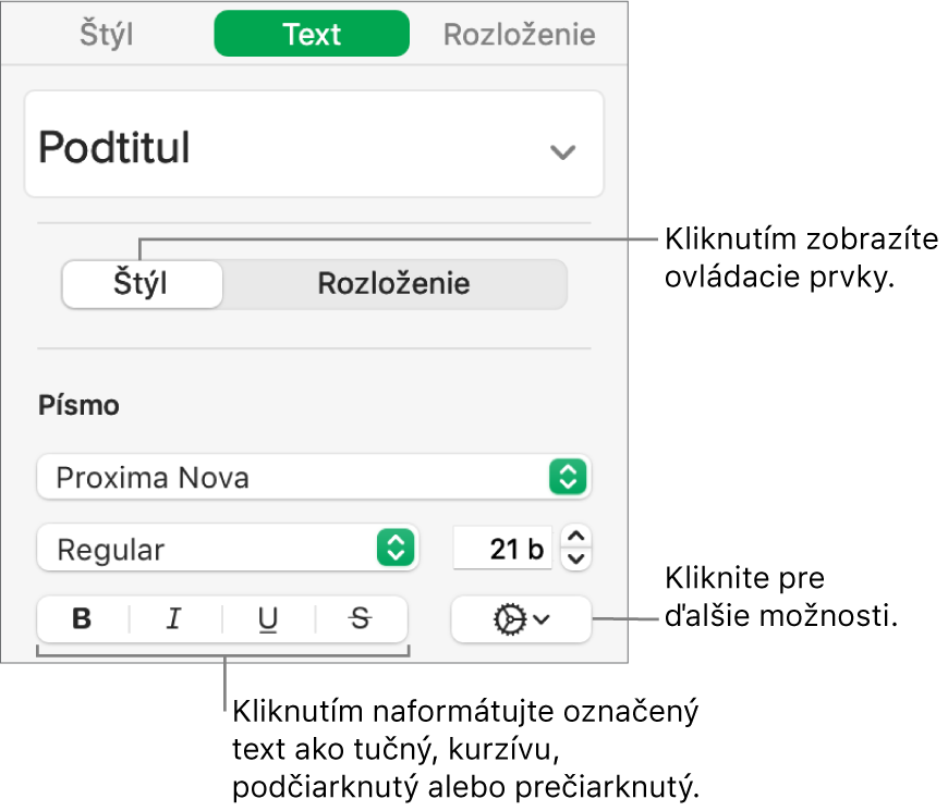 Ovládacie prvky Štýl na postrannom paneli s bublinami pre tlačidlá Tučné, Kurzíva, Podčiarknuť a Preškrtnúť.