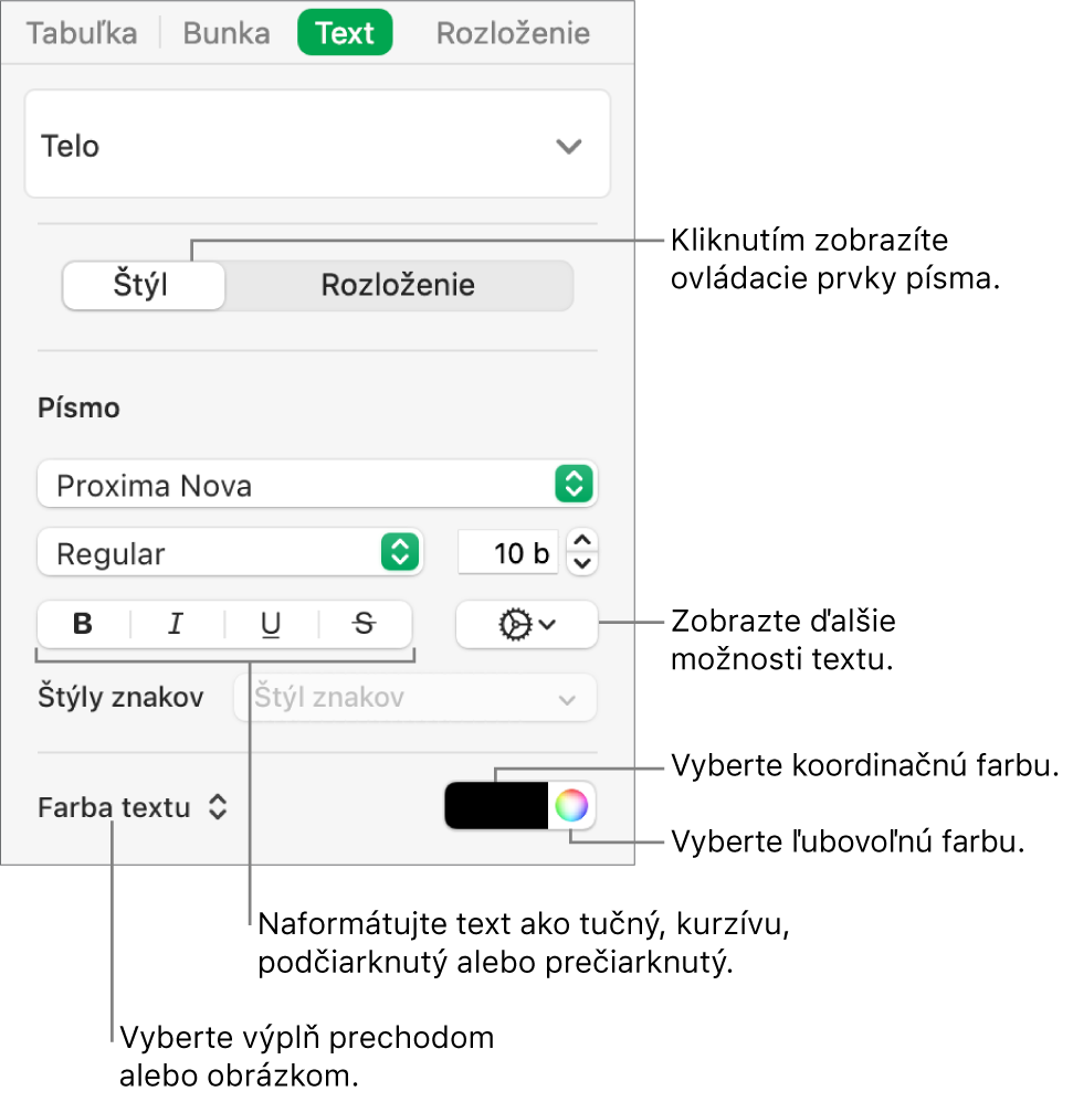 Ovládacie prvky na úpravu štýlu textu tabuľky.