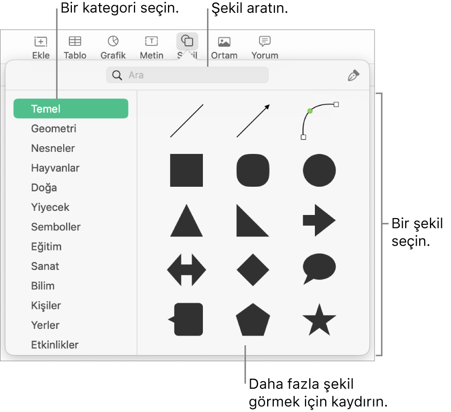 Kategoriler solda listelenmiş ve şekiller sağda görüntülenir durumda şekil arşivi. Şekilleri bulmak için arama alanını kullanabilir ve daha fazlasını görmek için kaydırabilirsiniz.