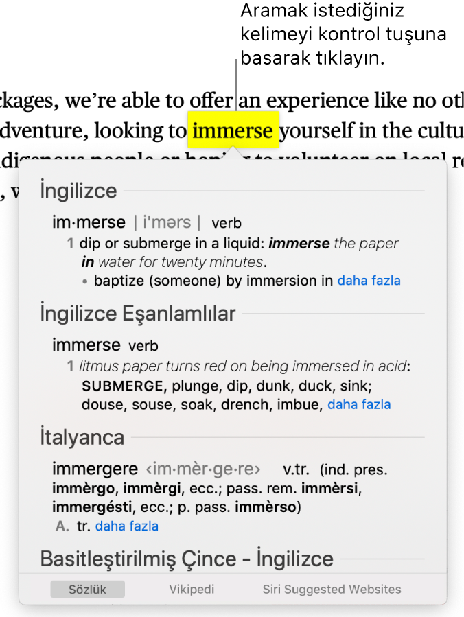 Vurgulanan sözcüklü bir metin ile bunun tanımını ve eşanlamlılar sözlüğü girişini gösteren bir pencere. Pencerenin en altındaki üç düğme sözlüğe, Wikipedia’ya ve Siri tarafından önerilen web sitelerine bağlantı sunar.