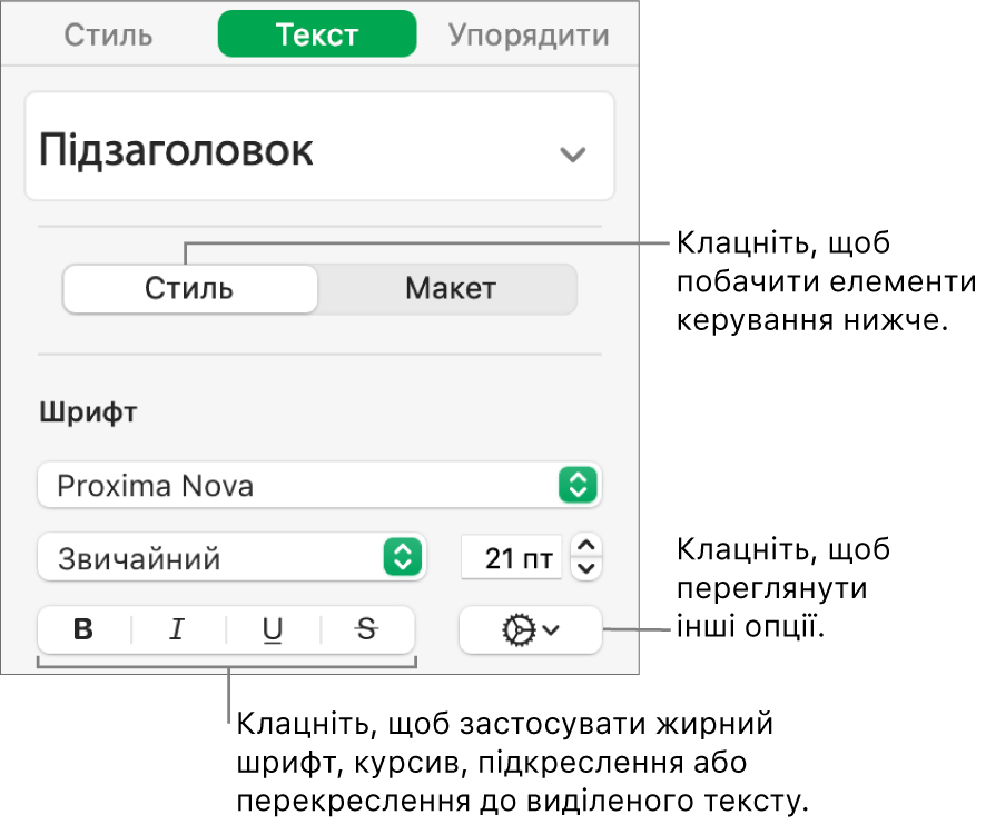 Елементи керування стилем на бічній панелі із виносками на кнопки «Жирний», «Курсив», «Підкреслення» і «Перекреслення».