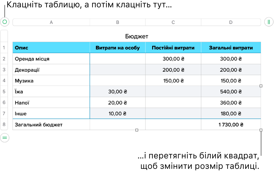 Вибрана таблиця з білими квадратами, які призначені для редагування розміру.