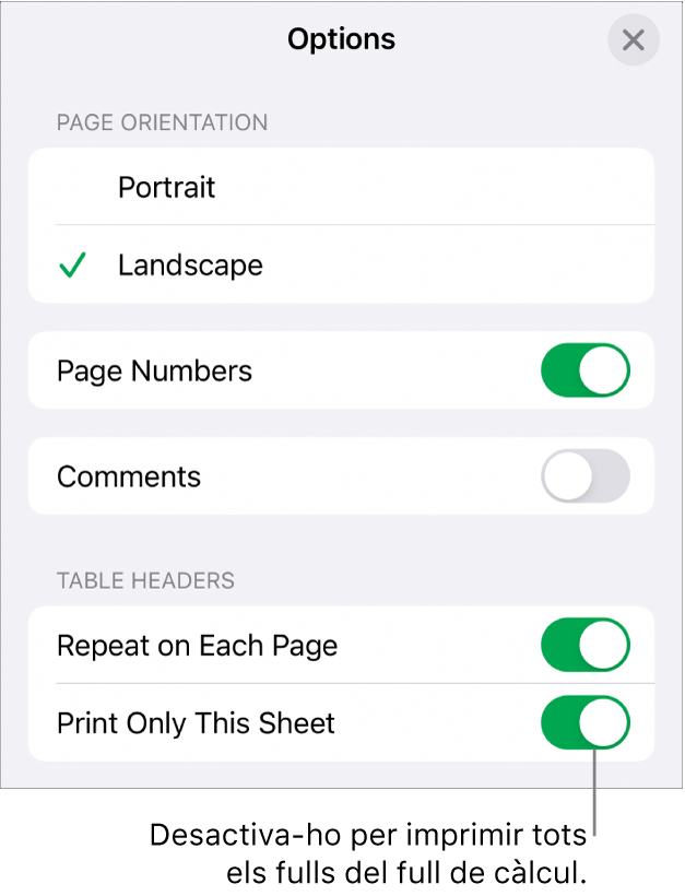Opcions d’impressió per seleccionar l’orientació de la pàgina, mostrar els números de pàgina i les capçaleres, i escollir la mida del paper i les pàgines que s’imprimiran.
