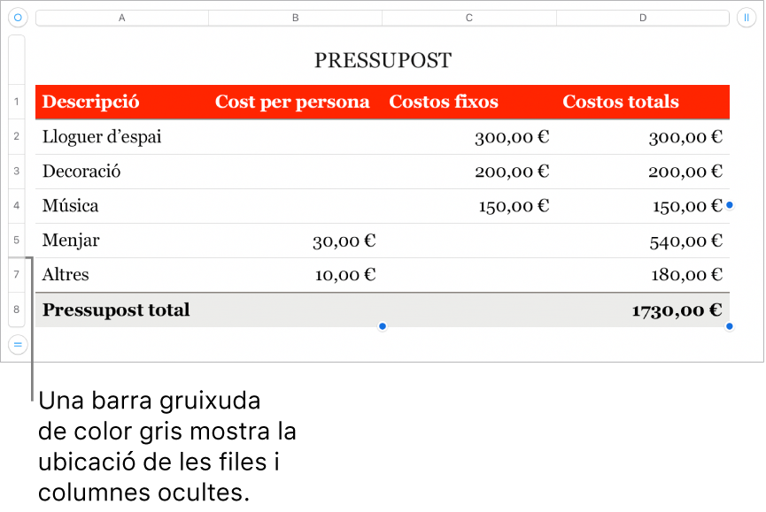 Una barra gruixuda de color gris que mostra la ubicació de les files i columnes ocultes