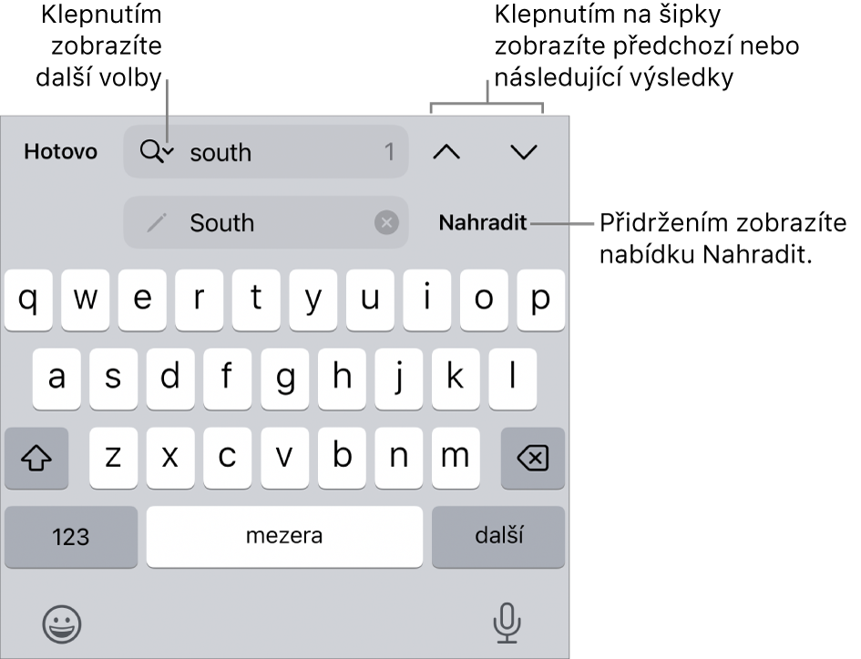 Ovládací prvky hledání a nahrazování nad klávesnicí s popisky u tlačítek Volby hledání, Nahradit, Nahoru a Dolů.