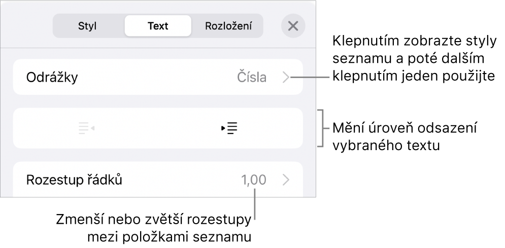 Oddíl Odrážky a seznamy na panelu Formát s připojenými popisky pro ovládací prvky Odrážky a seznamy, pro tlačítka zvýšení a snížení úrovně odsazení a pro ovládací prvky řádkování.