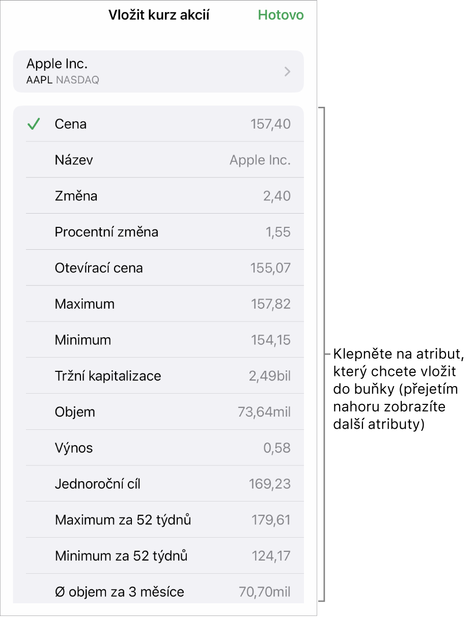 Překryvné okno kurzu akcií; v němž je nahoře vidět název akciového titulu a pod ním atributy akcií, které můžete vybrat – cena, název, změna, procentní změna a stav otevření