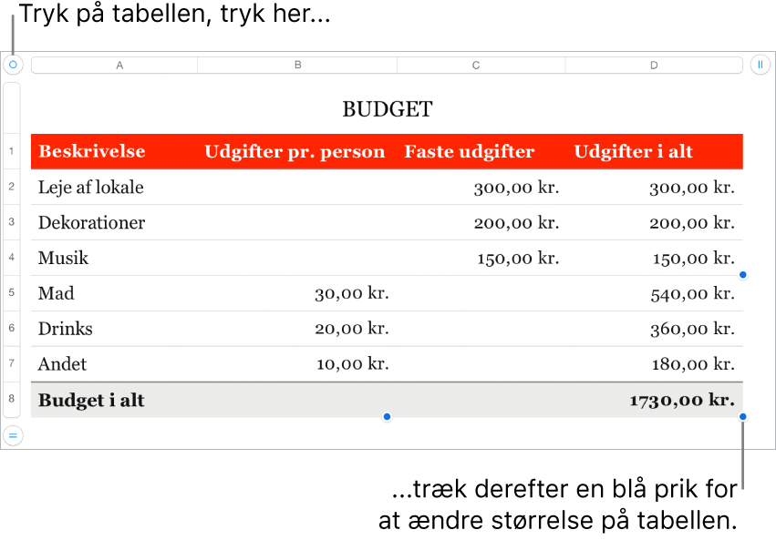 En valgt tabel med blå prikker til ændring af størrelse.