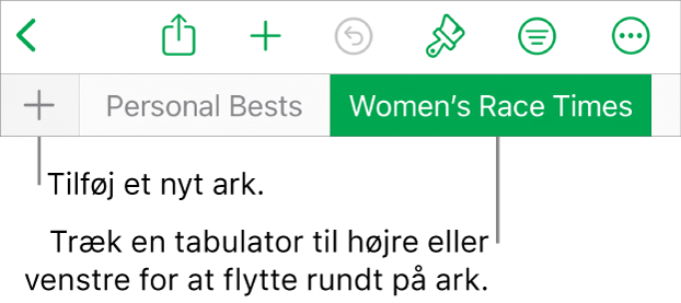 Fanelinjen til tilføjelse af et nyt ark, navigation, ændring af rækkefølge og organisering af ark.