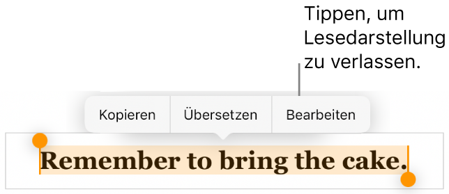 Ein Satz ist ausgewählt und darüber befindet sich ein Kontextmenü mit den Optionen „Kopieren“ und „Bearbeiten“.