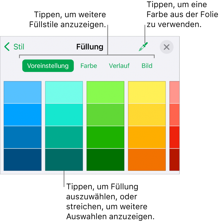 Fülloptionen im Tab „Stil“ der Taste „Format“