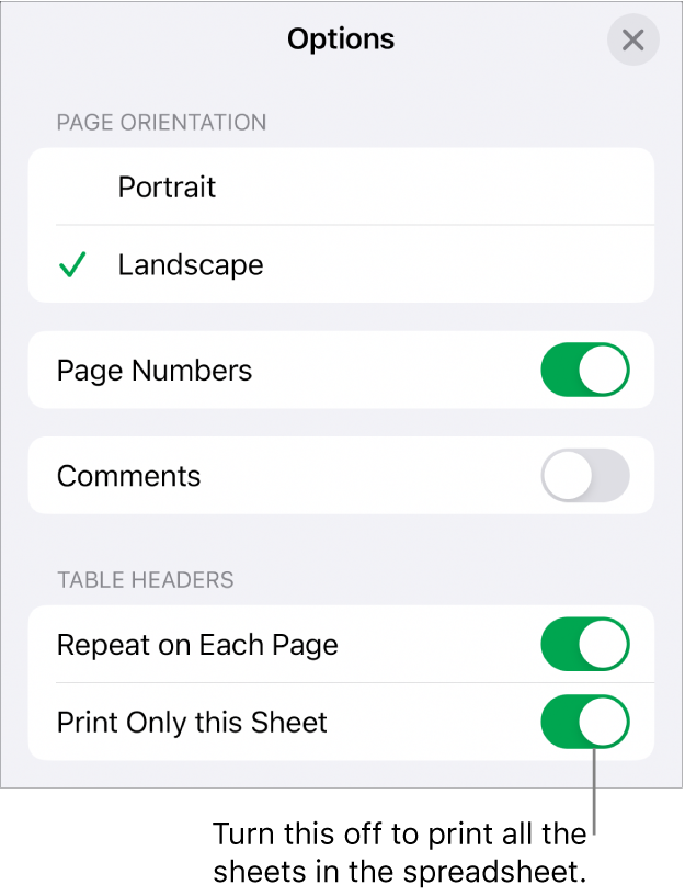 Printing options for choosing page orientation, showing page numbers and headers, choosing paper size and which pages to print.