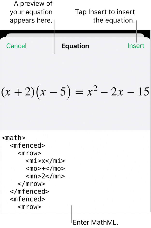 The Equation dialogue, showing an equation written using MathML commands and a preview of the formula above.