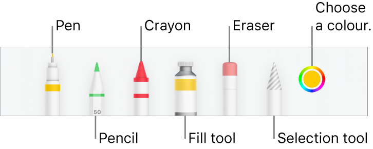 The drawing toolbar in Numbers on iPhone with a pen, pencil, crayon, fill tool, eraser, selection tool and colour well showing the current colour.