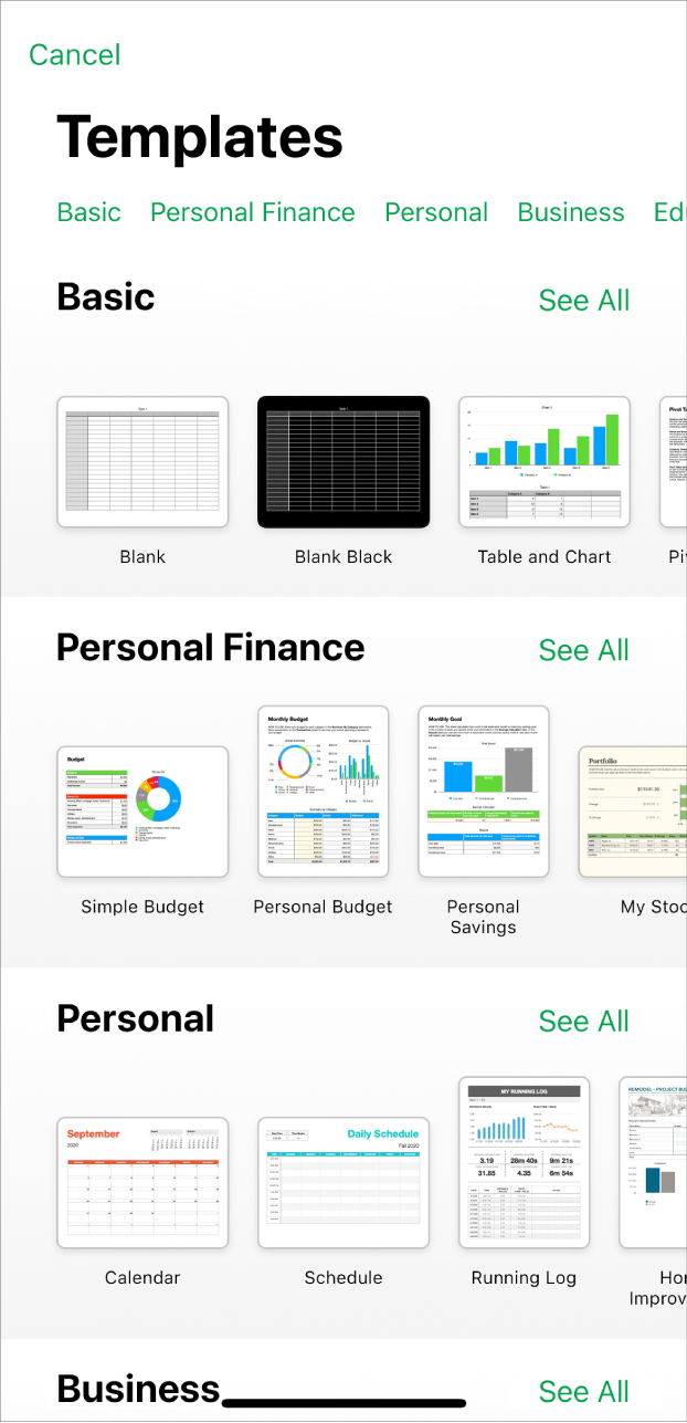 The template chooser, showing a row of categories across the top that you can tap to filter the options. Below are thumbnails of pre-designed templates arranged in rows by category, starting with Basic at the top and followed by Personal Finance, Personal and Business. A See All button appears above and to the right of each category row. The Cancel button is in the top-left corner.