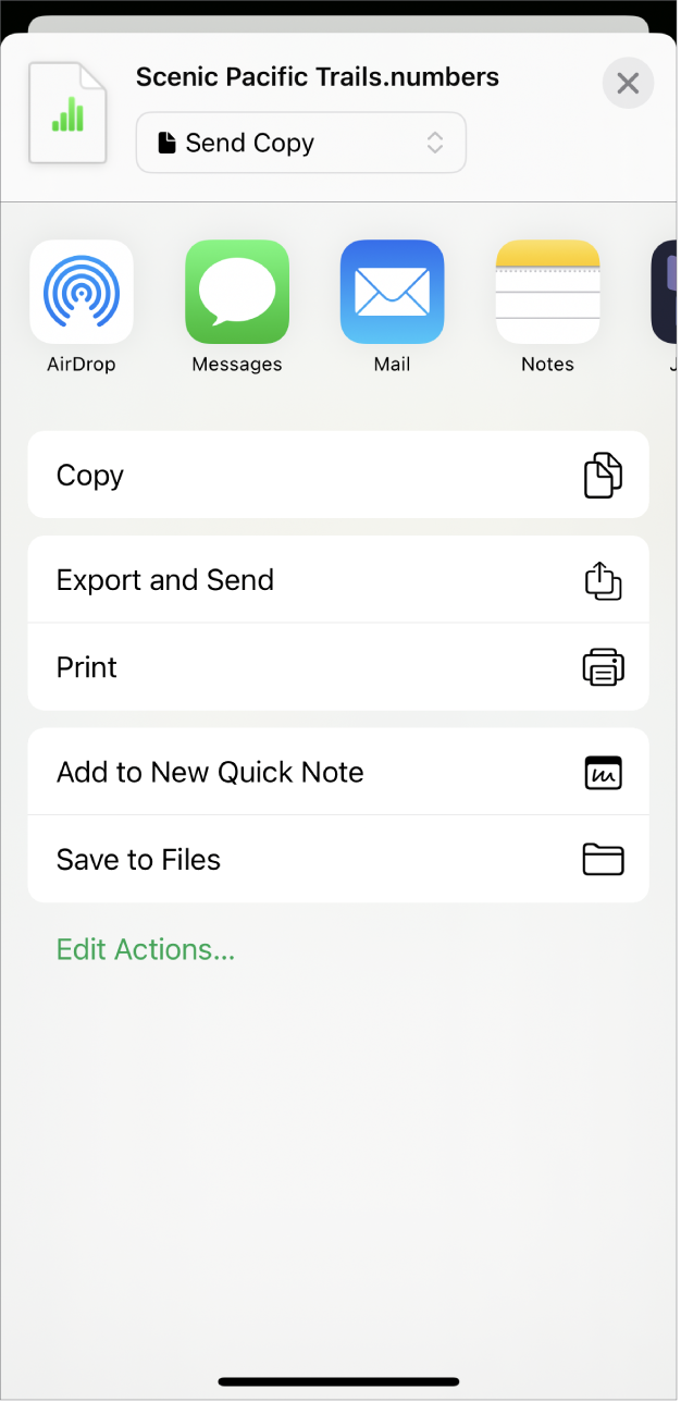 The Numbers window showing the Share menu, with options to send a copy of the spreadsheet, export and send in a different format, or print or save the spreadsheet to the Files app.