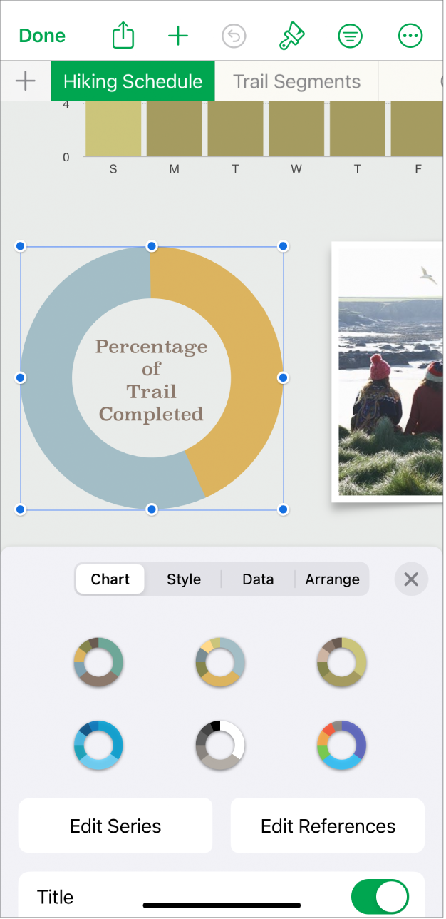 A pie chart showing percentages of trails completed. The Format menu is also open, showing different chart styles to choose from, as well as options to edit the series or chart references, and turn the chart title on or off.
