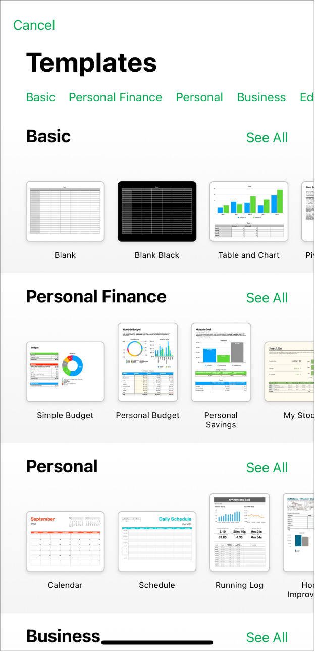 The template chooser, showing a row of categories across the top that you can tap to filter the options. Below are thumbnails of predesigned templates arranged in rows by category, starting with Basic at the top and followed by Personal Finance, Personal, and Business. A See All button appears above and to the right of each category row. The Cancel button is in the top-left corner.