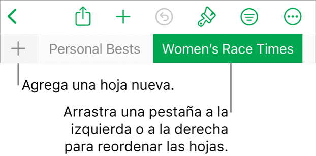 La barra de pestañas para agregar una nueva hoja, navegar, reordenar y reorganizar las hojas.