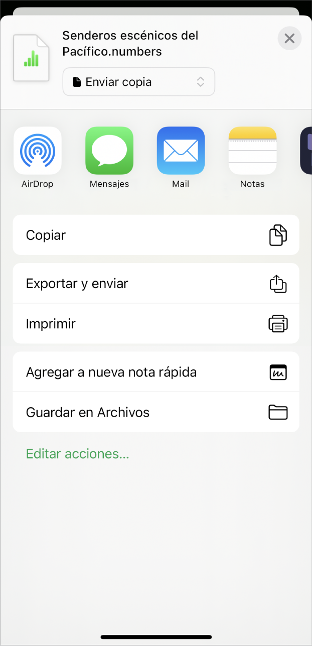 La ventana de Numbers mostrando el menú Compartir con opciones para enviar una copia de la hoja de cálculo, para exportar y enviar un formato diferente, o para imprimir o guardar la hoja de cálculo en la app Archivos.