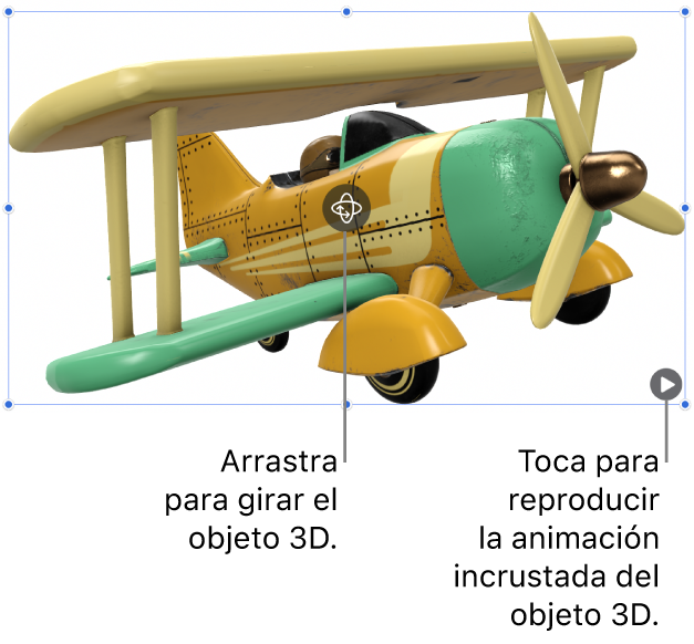 Un objeto 3D con el botón Girar en el centro del objeto y el botón Reproducir en la esquina inferior derecha.