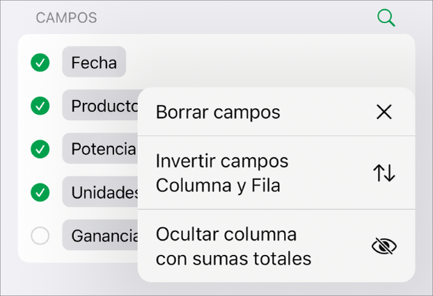 El menú Más opciones de campos, mostrando los controles para ocultar las sumas totales, invertir los campos columna y fila, y borrar los campos.