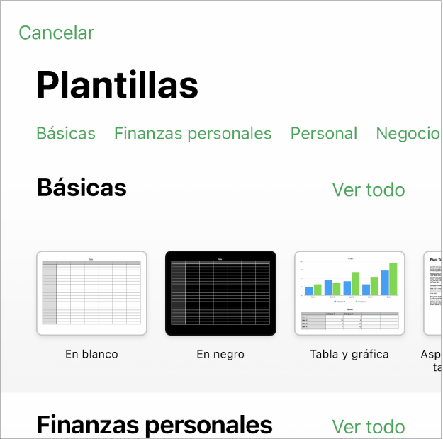 El selector de plantilla muestra una fila de categorías a lo largo de la parte superior en las que puedes tocar para filtrar las opciones. En la parte inferior, organizadas en filas por categoría, aparecen miniaturas de las plantillas prediseñadas, comenzando con la categoría Recientes en la parte superior, seguida por las categorías Básicas. En la parte superior derecha de cada fila de categoría aparece un botón Ver todo.