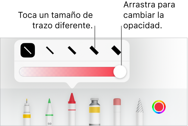 Controles para elegir el tamaño del trazo y selector para ajustar la opacidad.