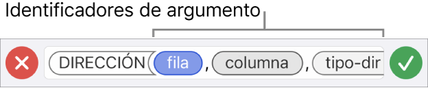 El editor de fórmulas con una función e identificadores de argumentos.