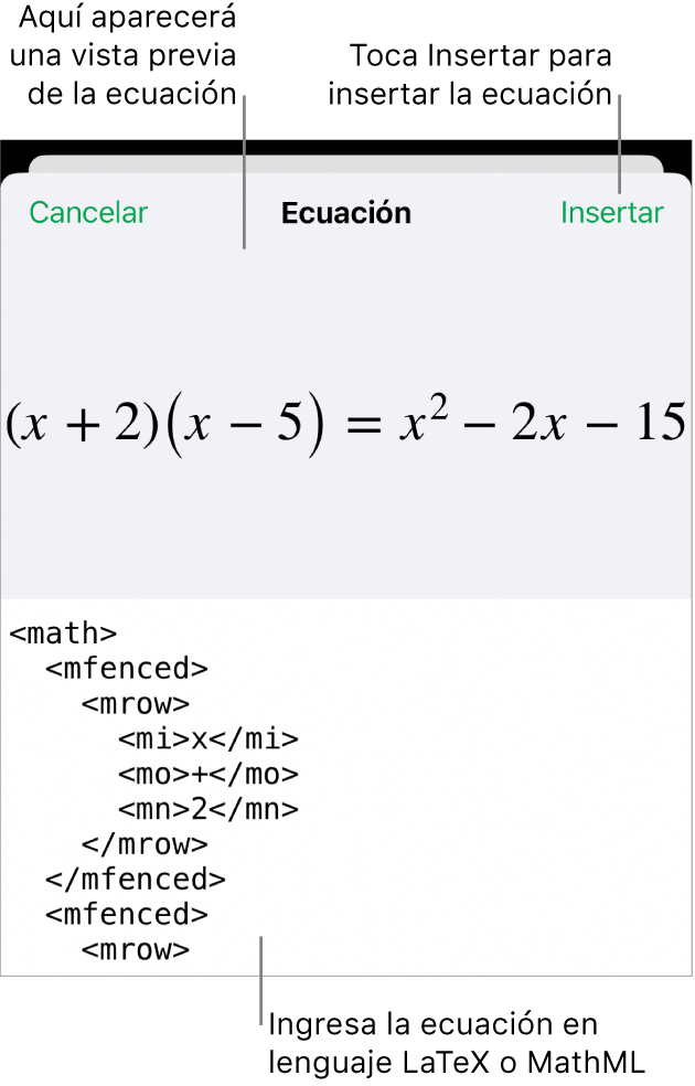 El cuadro de diálogo Ecuación con una ecuación escrita con comandos de MathML y una vista previa de la fórmula encima.