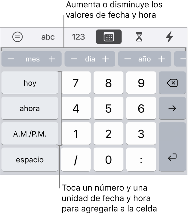 El teclado de fecha y hora. Una fila de botones situados en la parte superior muestra unidades de tiempo (mes, día y año) que puedes incrementar para cambiar el valor mostrado en la celda. Hay teclas en la izquierda para hoy, ahora y AM/PM, así como teclas numéricas en el centro del teclado.