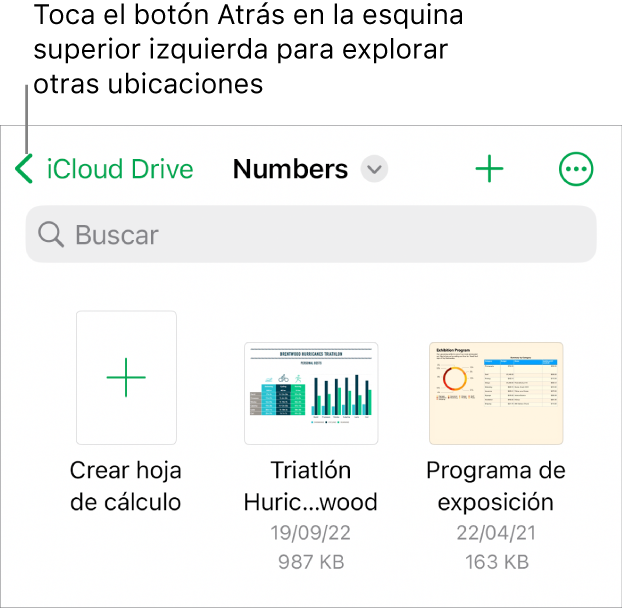 La vista de exploración del administrador de hojas de cálculo con el botón para retroceder en la esquina superior izquierda, y debajo de este un campo de búsqueda. Debajo del campo de búsqueda está el botón Crear hoja de cálculo junto a las miniaturas de las hojas de cálculo existentes. En la esquina superior derecha se encuentra el botón Agregar y el botón Más.