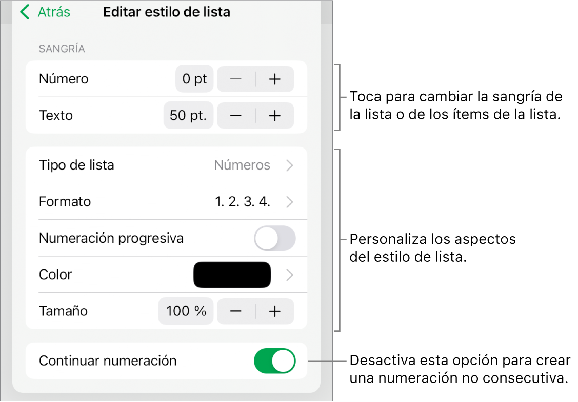 Menú “Estilo de lista” con controles para el interlineado de la sangría, el tipo de lista y el formato, la numeración progresiva, el color de la lista y el tamaño, y la numeración continua.