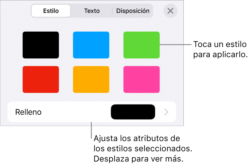 La pestaña Estilo del menú Formato con estilos de objetos en la parte superior y controles debajo para cambiar el relleno.