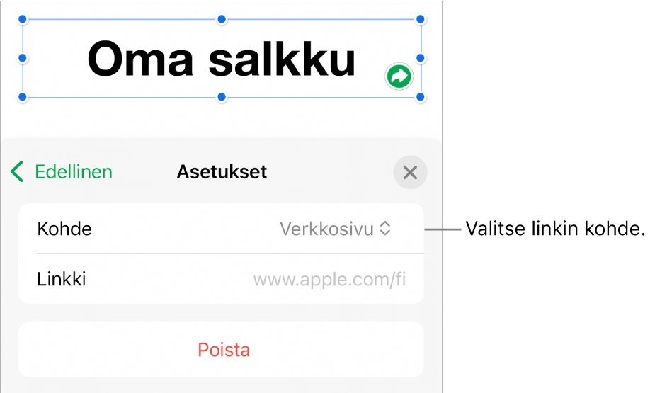 Linkkiasetukset-säätimet, joissa on valittuna Verkkosivu ja alhaalla on painike Poista.